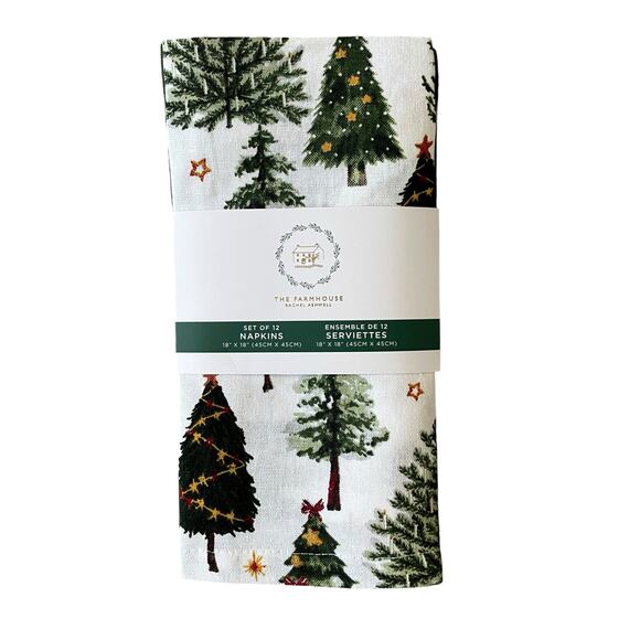 Rachel Ashwell Farmhouse CHRISTMAS TREE Cotton Napkins 12pc Green White New - Picture 1 of 16